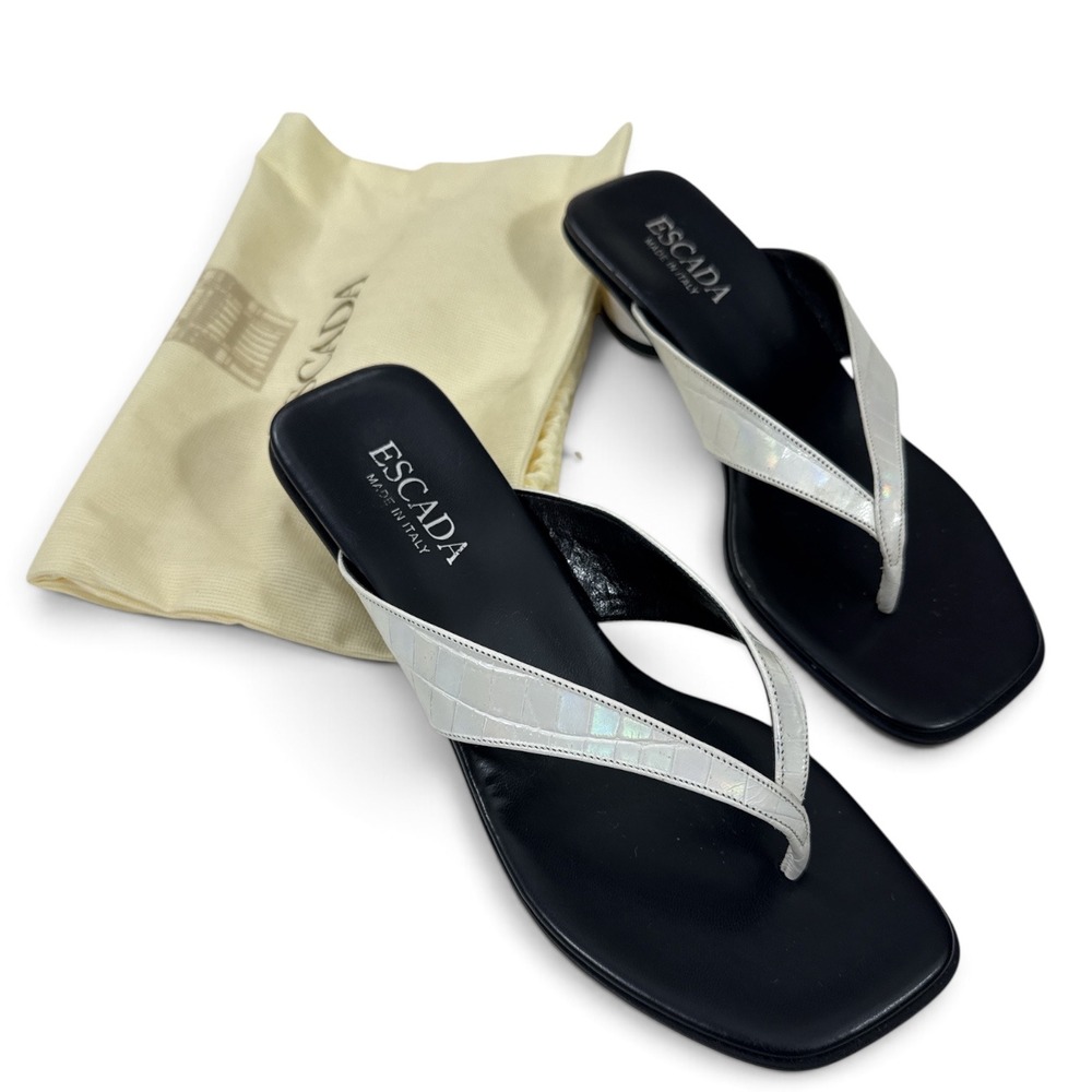 Escada Wmn White Iridescent Croc Leather Thong Block Heel Sandal 7 Italy Vtg EUC